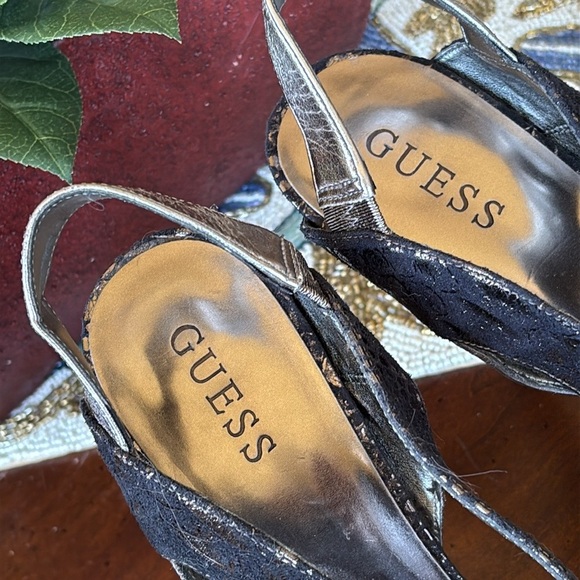 GUESS Genuine Leather Black Metallic Pewter Snakeskin Slingback Platform Heels - Picture 3 of 15